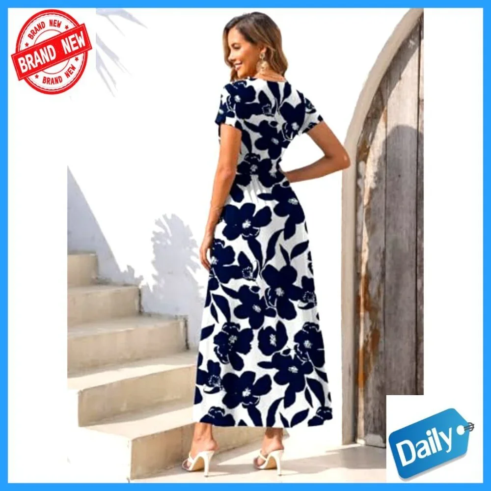 Summer Maxi Dress with Pockets V Neck Short Sleeve Flowy Casual Sundress - Picture 6 of 7